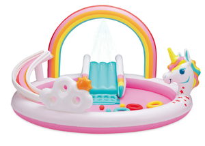 lot 466 image: Bluescape Rainbow Unicorn Play Center, Kids Splash Pool with Sprinkler, Toys & Slide