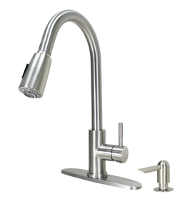 lot 405 image: Better Homes & Gardens Elmont Pull Down Kitchen Sink Faucet with Soap Dispenser, Satin Nickel