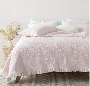 lot 563 image: HORIMOTE HOME Pink Ruffled Quilt King Size, Stone-Washed Microfiber Lightweight Crinkled Farmhouse Rustic Shabby Chic Bedding Set, 3 Pieces Reversible Bedspread with Pillow Shams for All Season