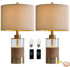 lot 526 image: LOT OF 2 OYEARS 3 Way Dimmable Touch Control USB AC Table Lamp Retro Rattan Glass Lamp