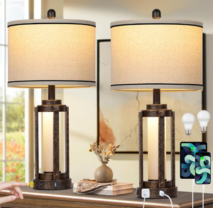 lot 544 image: LOT OF 2 Farmhouse Table Lamps, Vintage Rustic Industrial Beside Lamps with USB AC Charging Ports