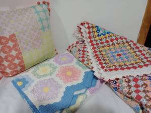 lot 96 image: Vintage Hand Crafted Quilts (2) And Pillow.