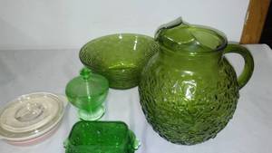 lot 224 image: Vintage Anchor Hocking Milano Green (Lido) pitcher, Indiana Glass and More.