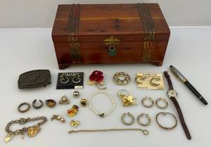 lot 101 image: Misc. Vintage Jewelry In Wooden Chest