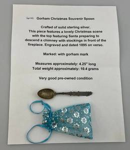 lot 102 image: Miniature STERLING SILVER GORHAM Christmas Souvenir Spoon Dated 1895 Marked With GORHAM Mark 4.25 L (10.4 Grams)