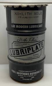 lot 108 image: Vintage LUBRIPLATE Super Lubricant Metal Can With Lid 15 x 27 Tall (PERFECT FOR MAN-CAVE)