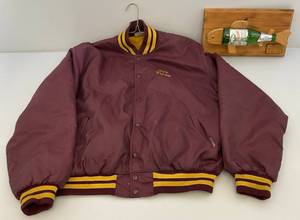 lot 164 image: Vintage Birdie Brand Size (XL) Nylon Jacket (Imprinted Sir Vern On Front & Knight Of The Round Table Bar St. Paul Mn. Walleye Fishing Team & 1984 Minnesota Bottle Bass 12 Oz. On Wood Plaque