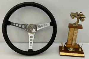 lot 169 image: Vintage The 500 Superior Performance Products Steering Wheel & 1972 Malone Ice Race Trophy With Dune Buggy On Top (VERY COOL)