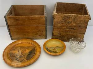 lot 236 image: Misc. Primitive Wood Items Including AURORA Coffee Crate & More