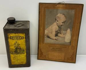 lot 263 image: Vintage Hansens Danish Butter Color Tin & 1950 Milk Hauler Calendar