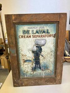lot 490 image: Rare Agency For De Laval Cream Separators Wood Parts Box with Metal Raised Letter Sign