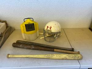 lot 523 image: Wood Bats, Football Helmet, Bait Bucket