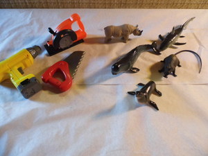 Boys Play Tool Set and Dinosaurs
