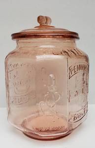 lot 78 image: Vintage Planters Mr Peanut Pink Depression Glass Pennat 5 Salted Jar 12 Tall Octagon