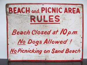 lot 202 image: Vintage Hand Painted Beach and Picnic Rules Metal Sign 24