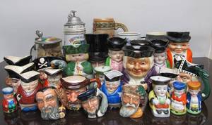 lot 82 image: LAGE Collection of Old Vintage Toby Mugs Steins etc