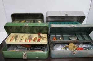 lot 89 image: Estate Lot of 4 Old Vintage Metal Fishing Tackle Boxes wOld Lures & Supplies