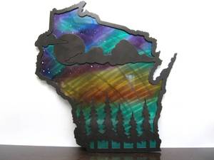 lot 101 image: Very Cool Iridescent Color Metal State of Wisconsin Wall Sculpture