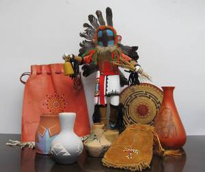 lot 103 image: Very Nice Group of Native American Items including Kachina Doll Pottery etc