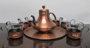 lot 271 image: Excellent Vintage Copper & Glass Schott Mainz Jena Glas TeaCoffee Service Set