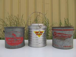 lot 63 image: Nice Lot 3 Vintage Metal Minnow Buckets