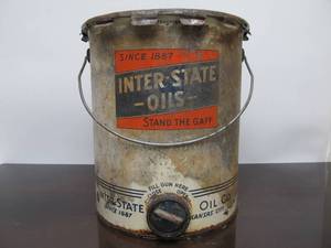 lot 73 image: Large 5 Gallon Vintage Advertising Oil Can - Interstate Oil Stand The Gaff