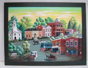lot 9 image: Excellent Large Original OilAcrylic on Board Folk Art Town Scene Painting by Tom Menard