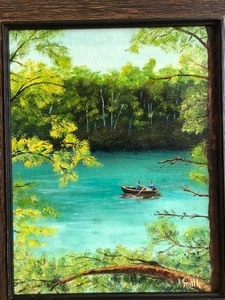 lot 273 image: Framed Signed Oil on Board River Scene wRowboat Painting - Jeanne Smith