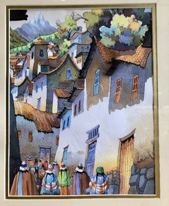 lot 275 image: Colorful Framed Original Watercolor Town Scene 