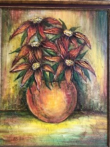 lot 279 image: Mid Century Heavily Textured Oil on Board Still Life Painting by Kathy Flynn