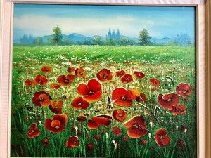 lot 280 image: Lovely Original Oil on Canvas Poppy Field Landscape Painting