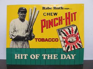 lot 243 image: Great Looking Vintage 80s BABE RUTH Pinch-Hit Tobacco Embossed Tin Advertising Sign