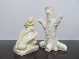 lot 245 image: Old VintageAntique BELLEEK Porcelain Tree Vase & Leprechaun 