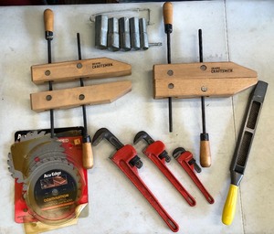lot 326 image: Group Including Woodworking Clamps Pipe Wrenches & other Tools