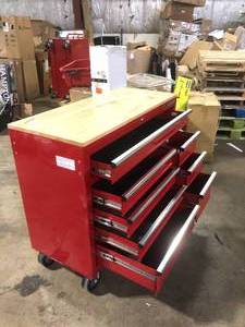 Husky 42 in. W x 18.1 in. D 8-Drawer Red Mobile Workbench Cabinet with Solid Wood Top Customer Returns See Pictures