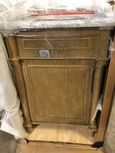 Home Decorators Collection Aberdeen 24 in. Single Sink Freestanding Antique Oak Bath Vanity with Carrara Marble Top (Assembled)  Customer Returns See Pictures