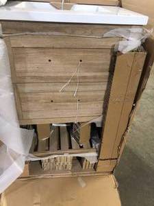 Home Decorators Collection Autumn 24 in. W x 19 in. D x 34 in. H Single Sink Bath Vanity in Weathered Tan with White Engineered Stone Top Broken on Top  Customer Returns See Pictures