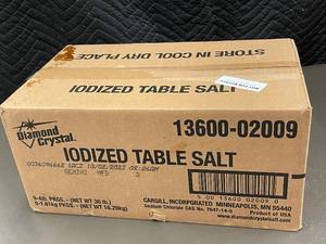 lot 11 image: Box of Diamond Crystal Iodized Table Salt, 36 lbs