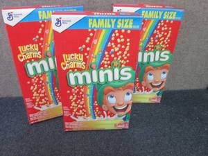 lot 334 image: 3- 18.6 oz Lucky Charms Minis...