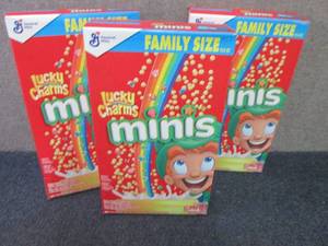 lot 335 image: 3- 18.6 oz Lucky Charms Minis...
