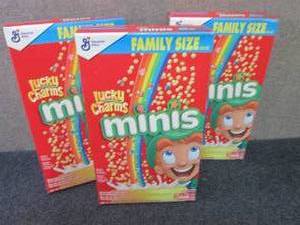 lot 340 image: 3- 18.6 oz Lucky Charms Minis...