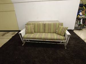 lot 77 image: Vintage Metal Glider Sofa with Striped Cushions