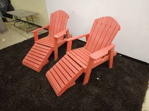lot 102 image: Pair of Red Adirondack Chairs with foot rest extension