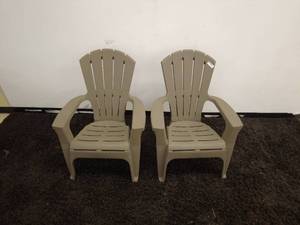 lot 189 image: Pair of Taupe Adirondack Plastic Outdoor Chairs