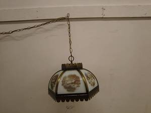 lot 158 image: Vintage Hanging Stained Glass Pendant Light with Scenic Design