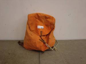 lot 183 image: Vintage Orange Canvas Backpack with Ropes and Hand Saw