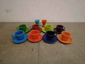 lot 227 image: Colorful Ceramic Teacup and Saucer Set with Matching Egg Cups