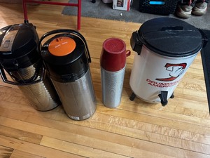 Drummond Coffee Maker, Two Insulated Pump Carafes and Vintage Thermos
