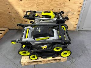 lot 141 image: Pallet of 4- Non-Working RYOBI Battery Powered Lawn Mowers (Mowers Only)