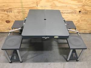 lot 81 image: Outsunny Grey 4-Seats Aluminum Picnic Table with Four Chairs and Umbrella Hole Model # 84B-031